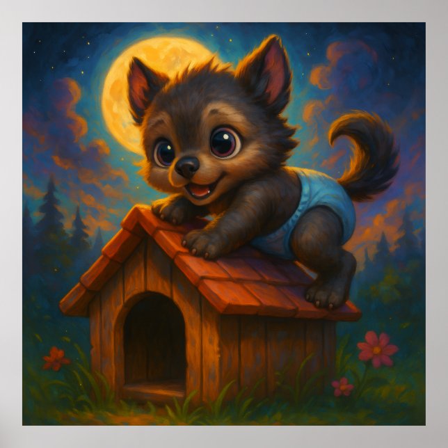 Cute Baby Werewolf on Dog House Fantasy Art Poster (Front)