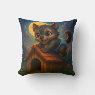 Cute Baby Werewolf on Dog House Fantasy Art Throw Pillow