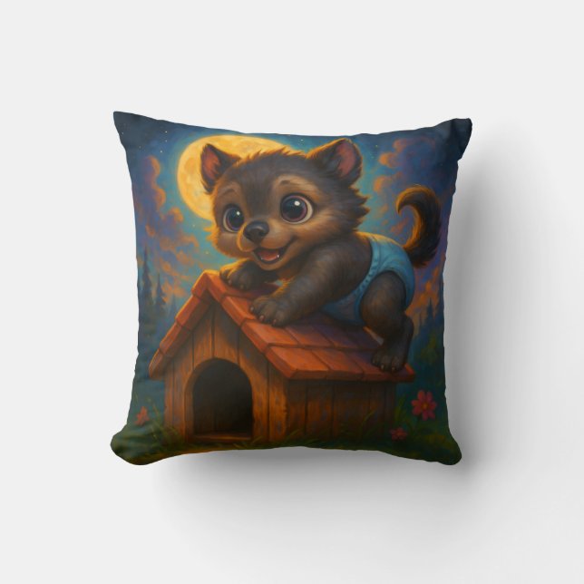 Cute Baby Werewolf on Dog House Fantasy Art Throw Pillow (Front)
