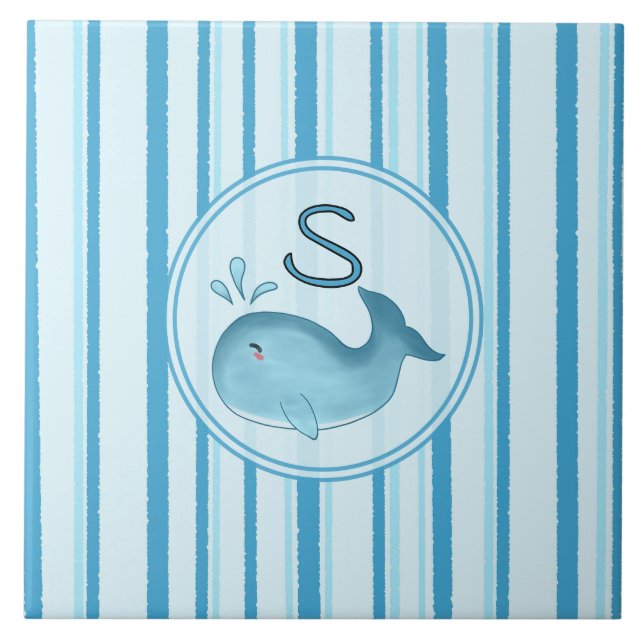 Cute Baby Whale Blue Stripes Ceramic Tile (Front)