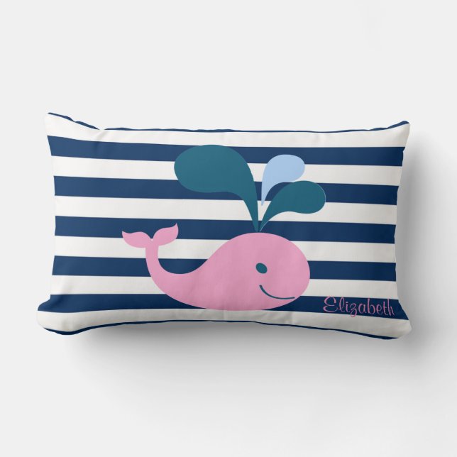 Cute Baby Whale, Navy Blue Stripes-Personalized Lumbar Pillow (Front)