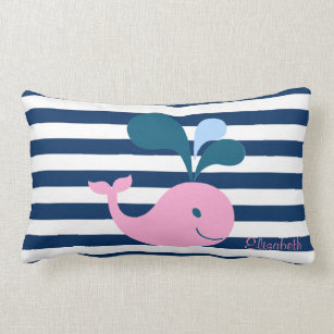 Cute Baby Whale, Navy Blue Stripes-Personalized Lumbar Pillow