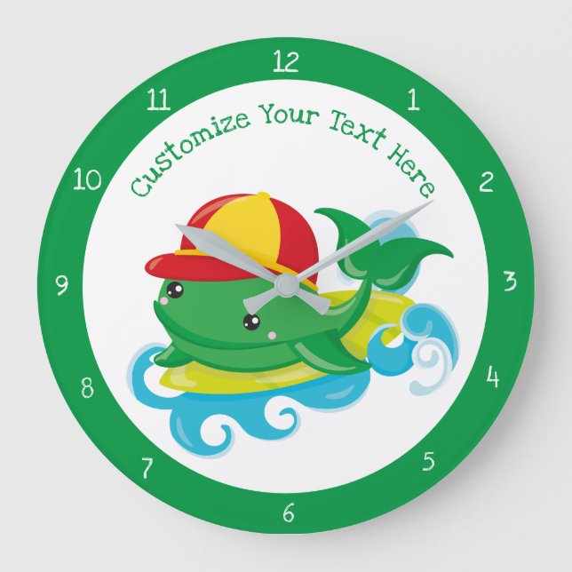 Cute Baby Whale on Surfboard Personalize Large Clock (Front)