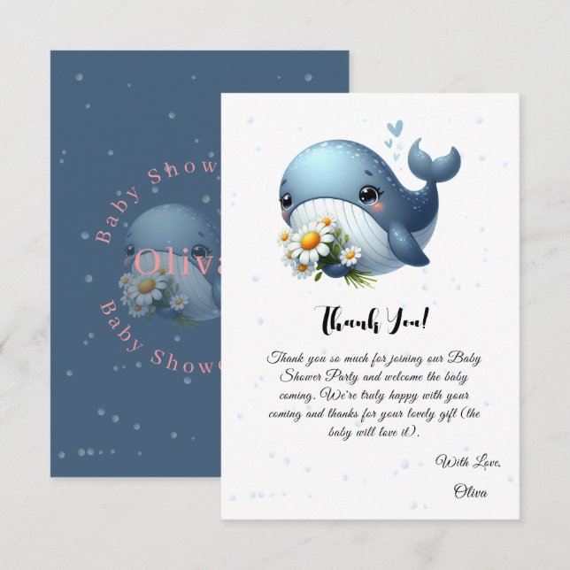 Cute Baby Whale with Daisy Baby Shower Thank You Card (Front/Back)
