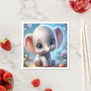Cute Baby White Elephants Floral Blue Paper Napkin