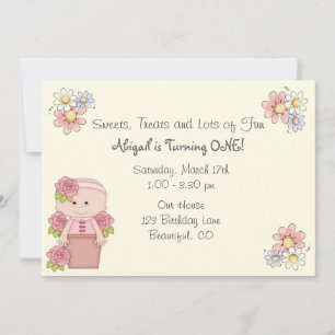 Cute Baby with Roses in Flower Pot 1st Birthday Invitation