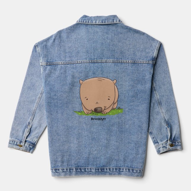 Cute baby wombat cartoon illustration denim jacket (Back)