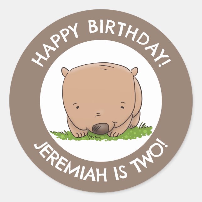 Cute baby wombat personalized cartoon birthday classic round sticker (Front)