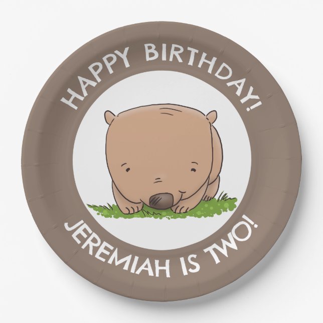 Cute baby wombat personalized cartoon birthday paper plate (Front)