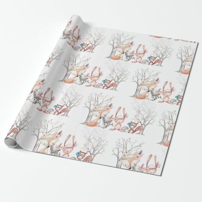 Cute Baby Woodland Animals Gift Wrapping Paper (Unrolled)