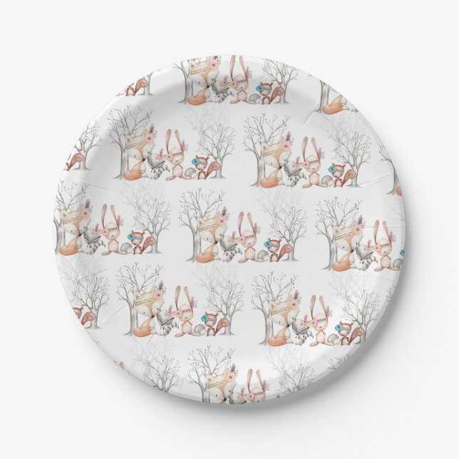 Cute Baby Woodland Animals Raccoon Fox Deer Owl Paper Plate (Front)