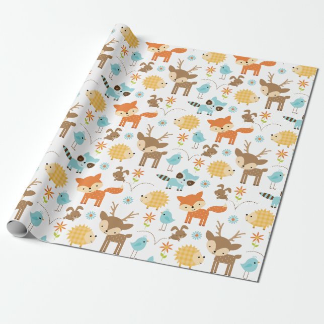 Cute Baby Woodland Animals Wrapping Paper (Unrolled)