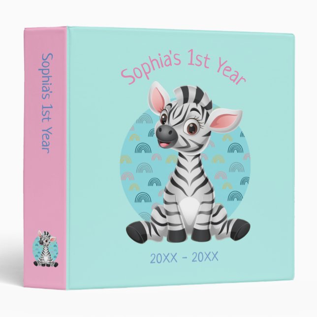 Cute Baby Zebra Cartoon, DIY Name, Date, Pale Teal Binder (Front/Spine)