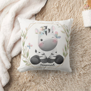 Cute Baby Zebra Flower Wreath Custom Name Throw Pillow