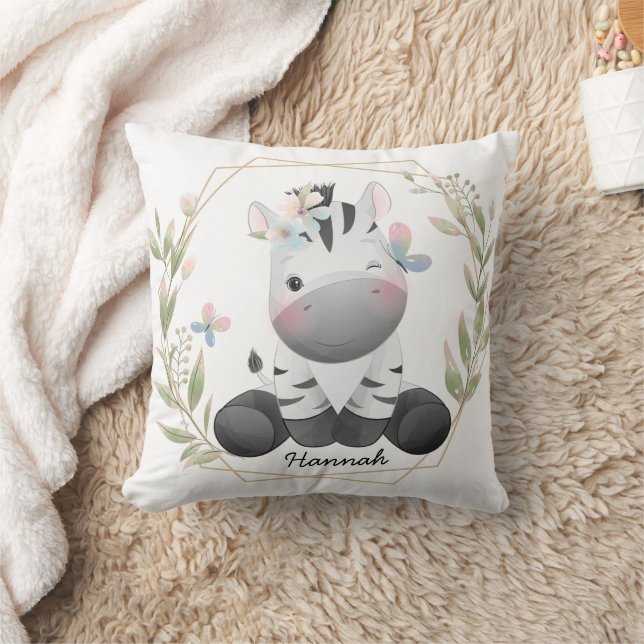 Cute Baby Zebra Flower Wreath Custom Name       Throw Pillow (Blanket)