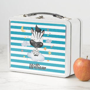 Cute Baby Zebra on Clouds Stars Moon Blue Stripes Metal Lunch Box