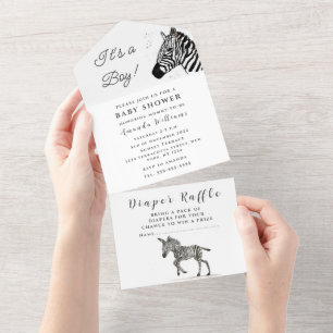 Cute Baby Zebra Safari Jingle Black Watercolor  All In One Invitation
