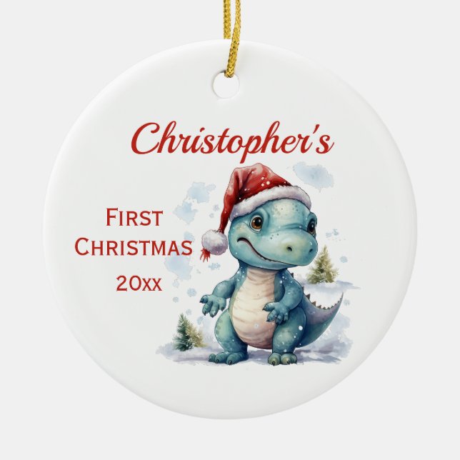 Cute Baby's 1st Christmas Dinosaur Ceramic Ornament (Front)