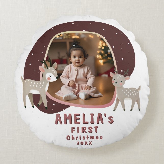 Cute Baby's 1st Christmas Photo Reindeer Round Pillow (Front)