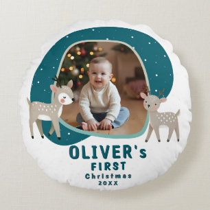 Cute Baby's 1st Christmas Photo Reindeer Round Pillow