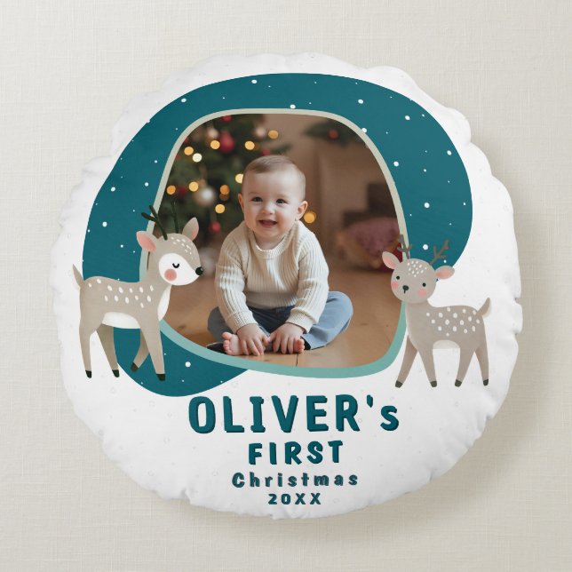 Cute Baby's 1st Christmas Photo Reindeer Round Pillow (Front)