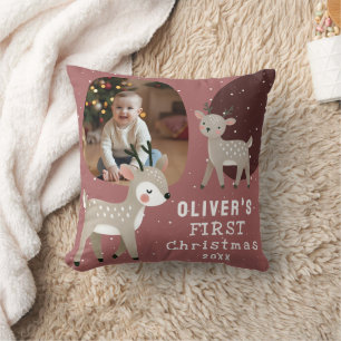 Cute Baby's 1st Christmas Photo Reindeer Throw Pillow