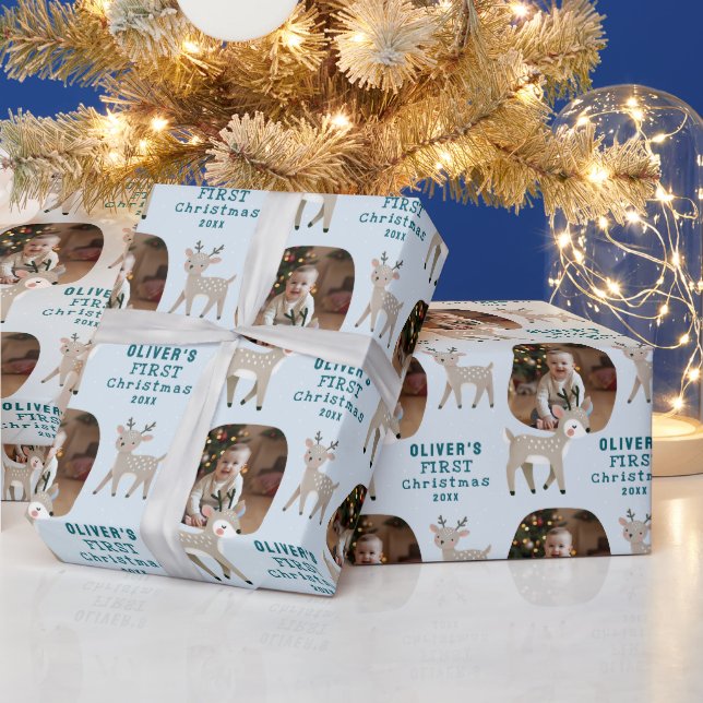 Cute Baby's 1st Christmas Photo Reindeer Wrapping Paper (Holidays)