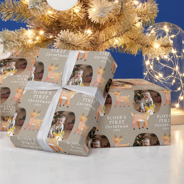 Cute Baby's 1st Christmas Photo Reindeer Wrapping Paper (Holidays)