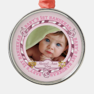 Cute Baby's 1st Hanukkah Dreidels Photo Name Metal Metal Ornament