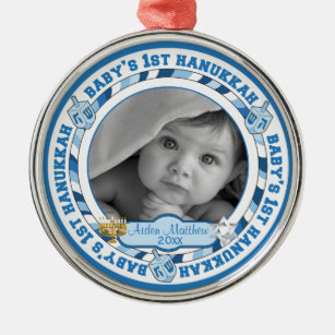 Cute Baby's 1st Hanukkah Dreidels Photo Name Metal Ornament