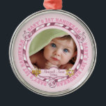 Cute Baby's 1st Hanukkah Dreidels Photo Name Metal Ornament<br><div class="desc">Sweet photo design featuring the words "Baby's 1st Hanukkah" in the round interspersed with dreidel toys in a pink on pink color theme for a baby girl. Baby's name and year for you to personalize is flanked on either side with a Menorah and the Star of David (removeable object images)....</div>