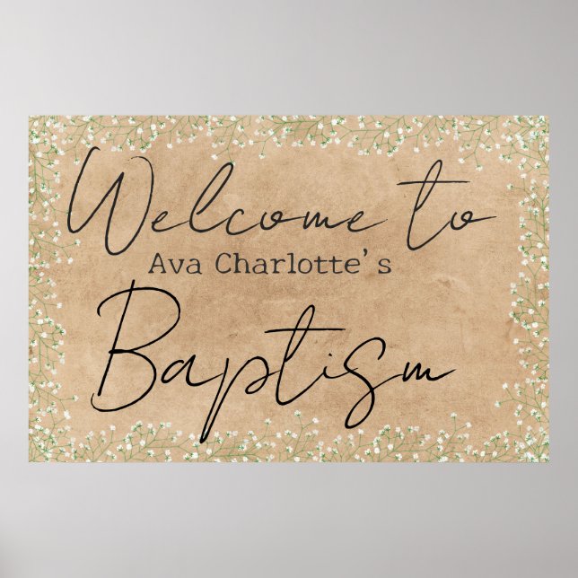  Cute Baby's Breath Flowers Rustic Baptism Welcome Poster (Front)