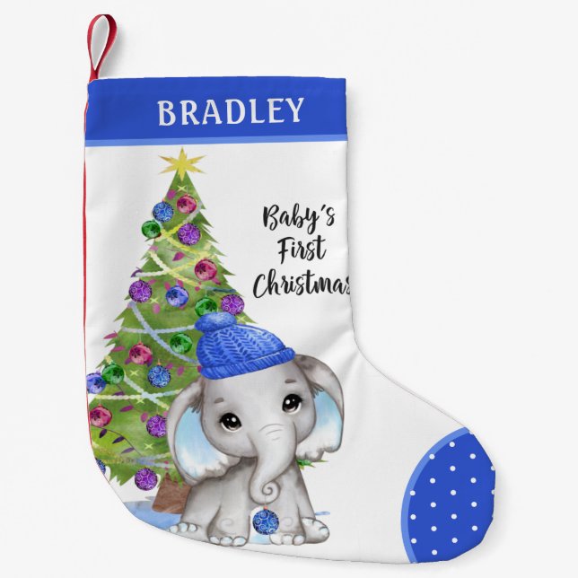 Cute BABY'S FIRST CHRISTMAS Boy Elephant Blue Small Christmas Stocking (Front)