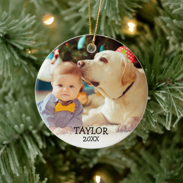 Cute Baby's First Christmas Custom Photo Name Year Ceramic Ornament (Tree)