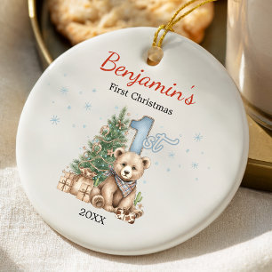 Cute baby's first Christmas tree blue teddy bear Ceramic Ornament