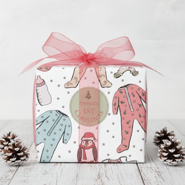 Cute Baby's First Christmas Wrapping Paper (Baby's First Christmas Wrapping Paper for Kids. Merry Christmas Gift Wrap. Holiday Pajamas Pattern)