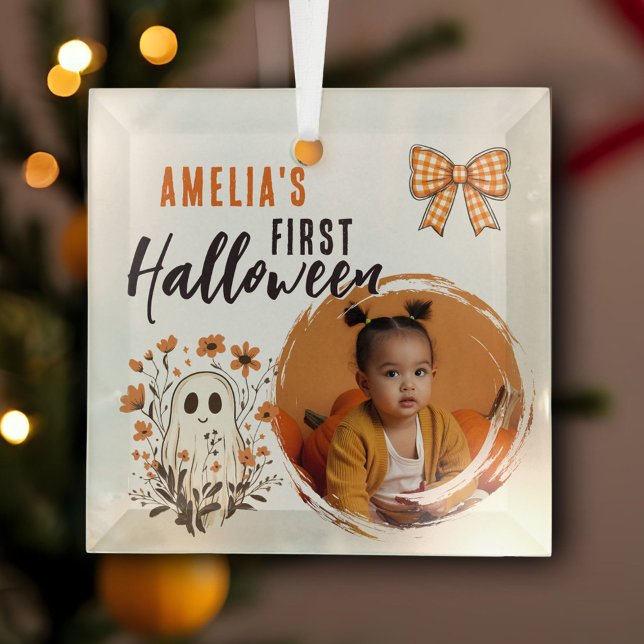 Cute Baby's First Halloween Ghost Photo  Glass Ornament (Creator Uploaded)
