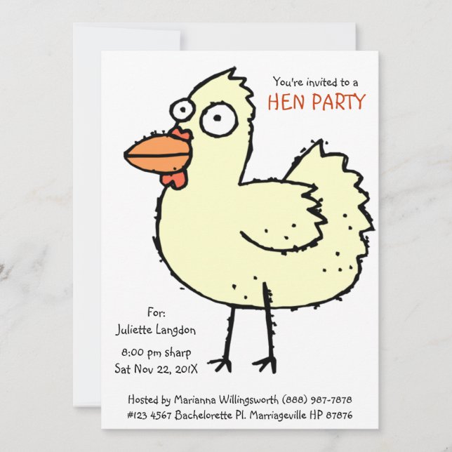 Cute Bachelorette Party White  Hen Cartoon Invitation (Front)