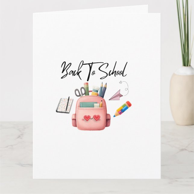 Cute Back to School Pink Backpack greeting card (Front)
