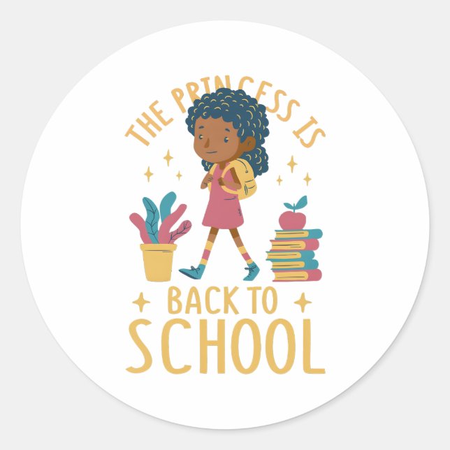 Cute Back to School Princess Girl Illustration Classic Round Sticker (Front)