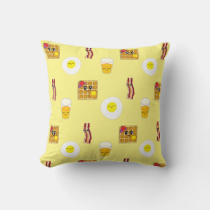 Cute Bacon, Eggs and Waffles Cartoon Throw Pillow
