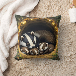 Cute Badger Family Napping Throw Pillow