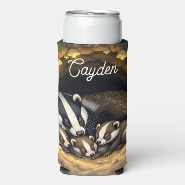 Cute  Badger Family Personalized Seltzer Can Cooler (Seltzer Front)