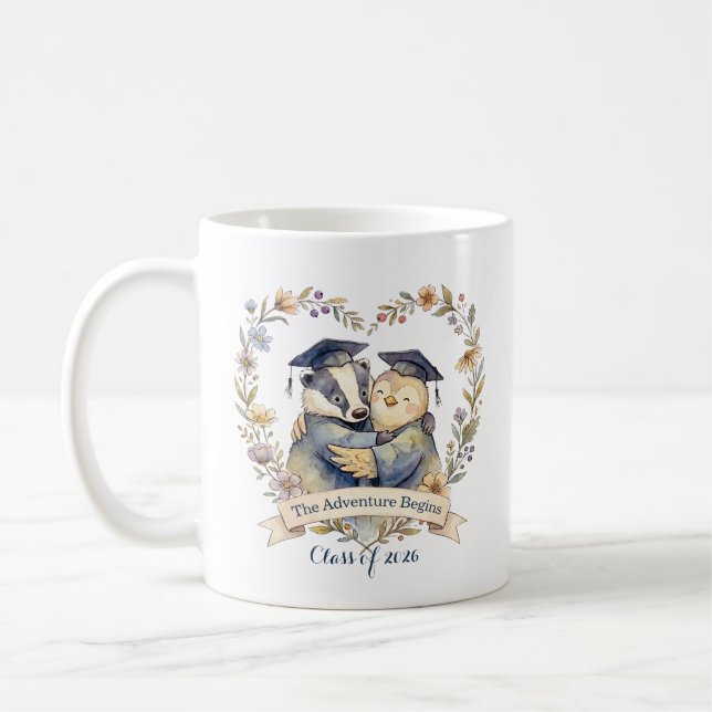 Cute Badger & Penguin Graduation Hug Personalized Coffee Mug (Left)