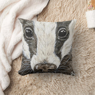 Cute Badger Wildlife Nature Portrait Watercolour Throw Pillow