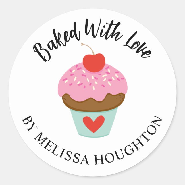 Cute Baked With Love Cupcake Sticker (Front)