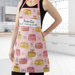 Cute Baker Cake Pastry Chef Personalized Name Apron<br><div class="desc">A fun apron featuring a pattern of cakes and pastries set against a pink striped background.  Perfect for anyone who loves baking or cooking.</div>