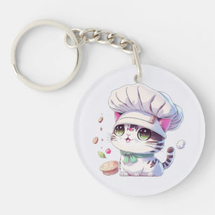 Cute Baker Pastry Chef Cat Kitten with Bread   Keychain