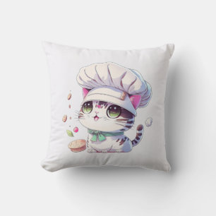 Cute Baker Pastry Chef Cat Kitten with Bread Throw Pillow
