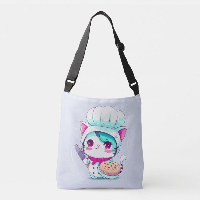Cute Baker Pastry Chef Cat with Cake and Knife | Crossbody Bag (Front)